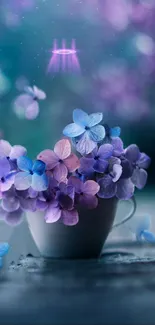 Purple and blue flowers in a cup with a dreamy background.