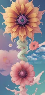 Surreal fantasy flowers with dreamy sky backdrop.