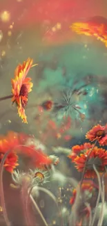 Dreamy floral fantasy wallpaper with orange flowers and teal background.