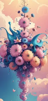 Floral fantasy art with pink and blue blossoms creating a dreamy wallpaper.