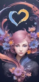 Fantasy art of a pink-haired girl with flowers and a whimsical heart on dark blue.