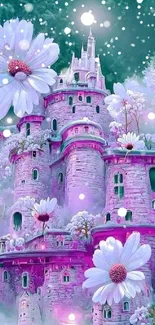 Dreamy fantasy castle surrounded by flowers in purple hues.