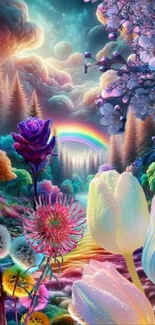 Magical landscape with flowers and a rainbow amidst a dreamy forest.