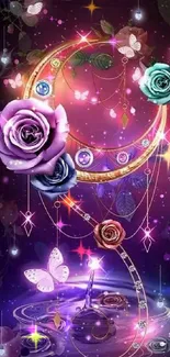 Vibrant fantasy wallpaper with roses and butterflies in purple hues.