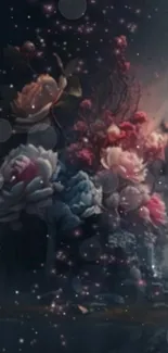 Dark floral fantasy mobile wallpaper with ethereal effects and mystical blooms.