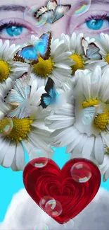 Floral fantasy wallpaper with daisies, butterflies, blue eyes, and a red heart.