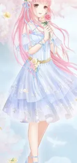 Anime girl in blue dress with pink hair and floral accents.