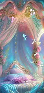 Fantasy floral mobile wallpaper with pastel shades and musical notes.