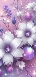 Dreamy floral wallpaper with white flowers and purple hues.
