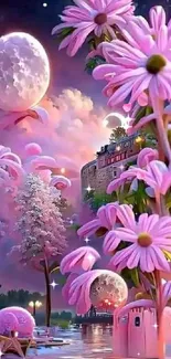 Dreamy fantasy landscape with pink flowers and moons.