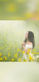 Woman in white dress amidst yellow flowers in a misty field.