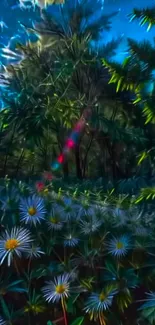 A dreamy, glowing forest with vibrant floral patterns.