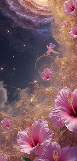 Dreamy galaxy art with pink flowers and cosmic elements.