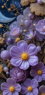 Dreamy floral and starry galaxy mobile wallpaper with purple flowers.