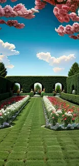 Vibrant floral garden path with cherry blossoms.