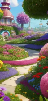 Colorful garden path with vibrant flowers in a fantasy setting.