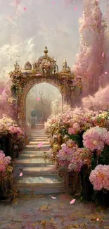 Dreamy pink floral garden with an ornate archway, creating a serene atmosphere.