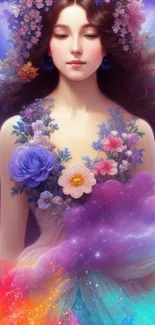 Dreamy floral goddess with vibrant colors and celestial backdrop.