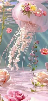 A whimsical jellyfish surrounded by colorful flowers underwater.