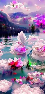 Dreamy floral lake scene with vivid flowers and serene water.