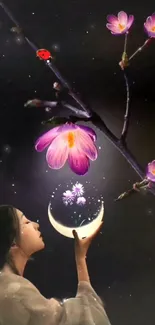 Mystical night with flowers and woman, creating dreamy ambiance.