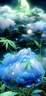 Dreamy blue floral night scene with glowing clouds.