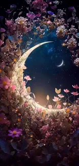 Crescent moon with flowers under a starry night sky.