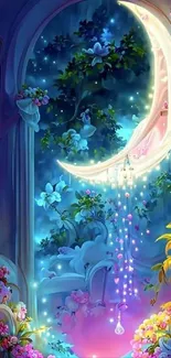 Enchanting floral wallpaper with glowing moon.