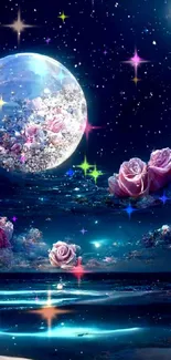 Dreamy nightscape with celestial roses and ocean.