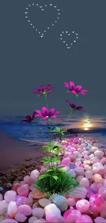 Colorful floral path with vibrant sunset and pebbles.