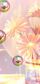 Dreamy floral wallpaper with daisies and glowing orbs in a pastel setting.