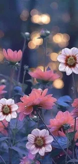 Dreamy pink and white flowers with bokeh lights background.