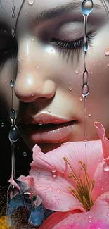 Surreal portrait with pink flowers and water droplets.