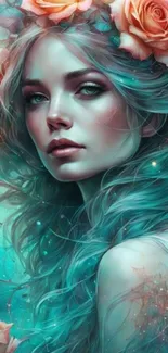 Fantasy woman with turquoise hair and floral crown wallpaper.