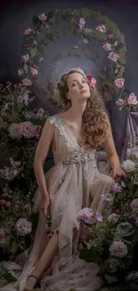 A graceful woman in a dreamy floral garden with a soft purple backdrop.