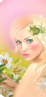 Floral portrait of a woman with lilies in a dreamy pink background.