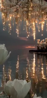 Dreamy mobile wallpaper with white flowers and reflections.