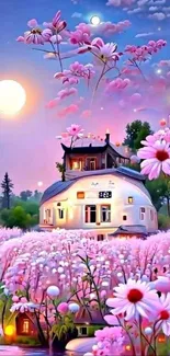 Dreamy landscape with cottage and pink flowers under a glowing night sky.