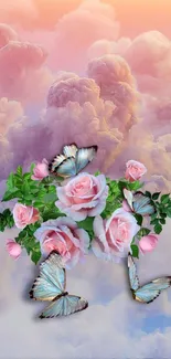 Dreamy wallpaper with pink roses and butterflies against soft clouds.