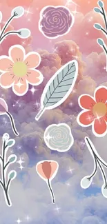 Floral designs float on pastel hued cloudy sky; dreamy and artistic mobile wallpaper.