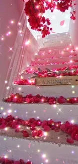 Pink flower petals on dreamy staircase with sparkles.