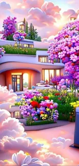 Dreamy wallpaper with house, flowers, and sunset sky.