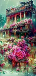 Fantasy temple with pink flowers in digital art wallpaper.