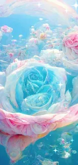 Surreal mobile wallpaper with pastel roses and blue water theme. Dreamy and artistic.