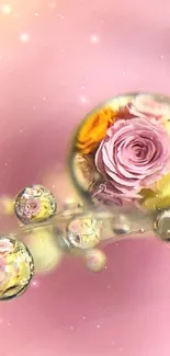 Dreamy floral wallpaper with colorful waterdrops reflecting pink and yellow hues.