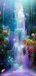 Dreamy floral waterfall with purple hues and cascading water.