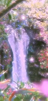 Dreamy waterfall with flowers and sparkles in vibrant colors.