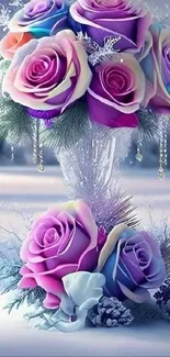 Dreamy pastel rose arrangement in a snowy winter scene.