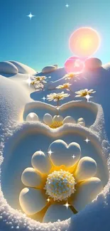 Dreamy white flowers in sunlit snow landscape.