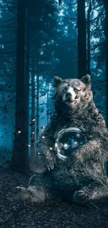 Bear in a mystical teal blue forest holding an orb.